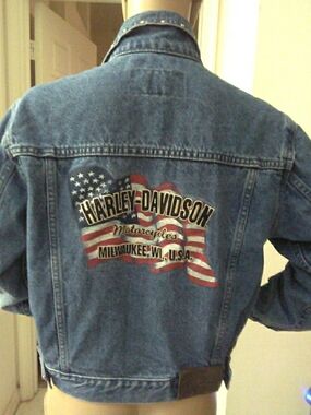 VINTAGE 90S Harley-Davidson Denim Jacket American Flag Graphic Canadian Made